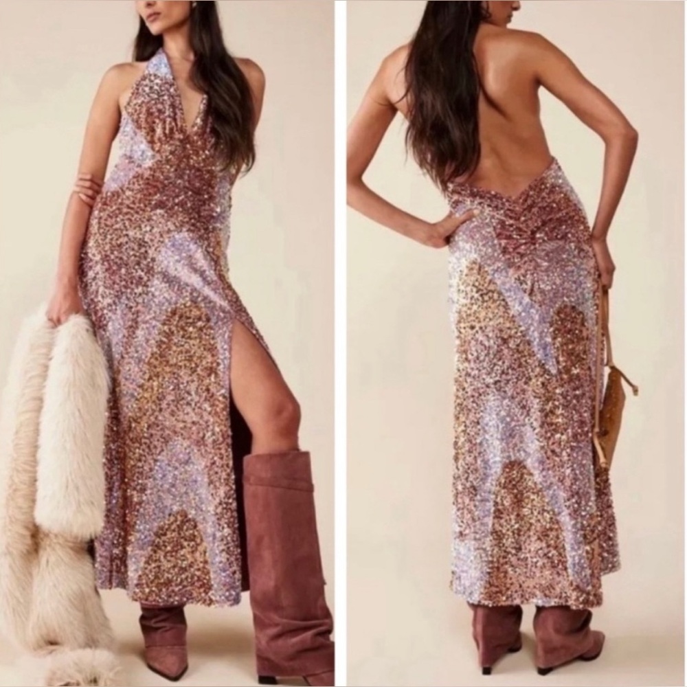 FREE PEOPLE - Glitter & Gold Midi Dress